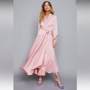Nasty Gal Satin Long Sleeve Maxi Wrap Dress in ROSE size: US 10/UK 40